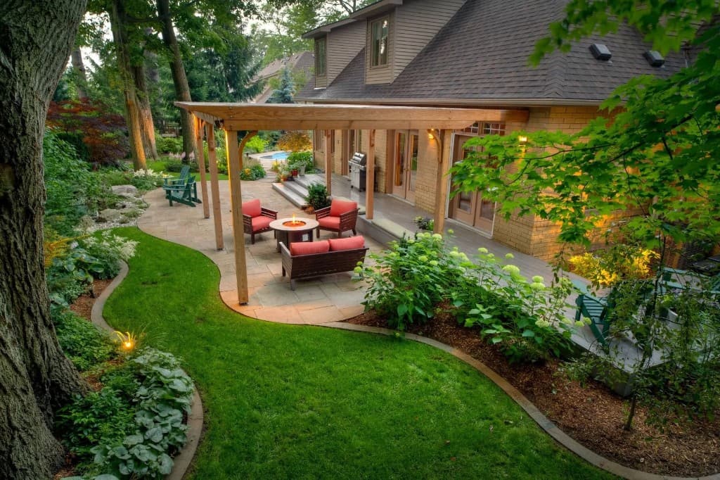 Stone steps with evening garden lighting